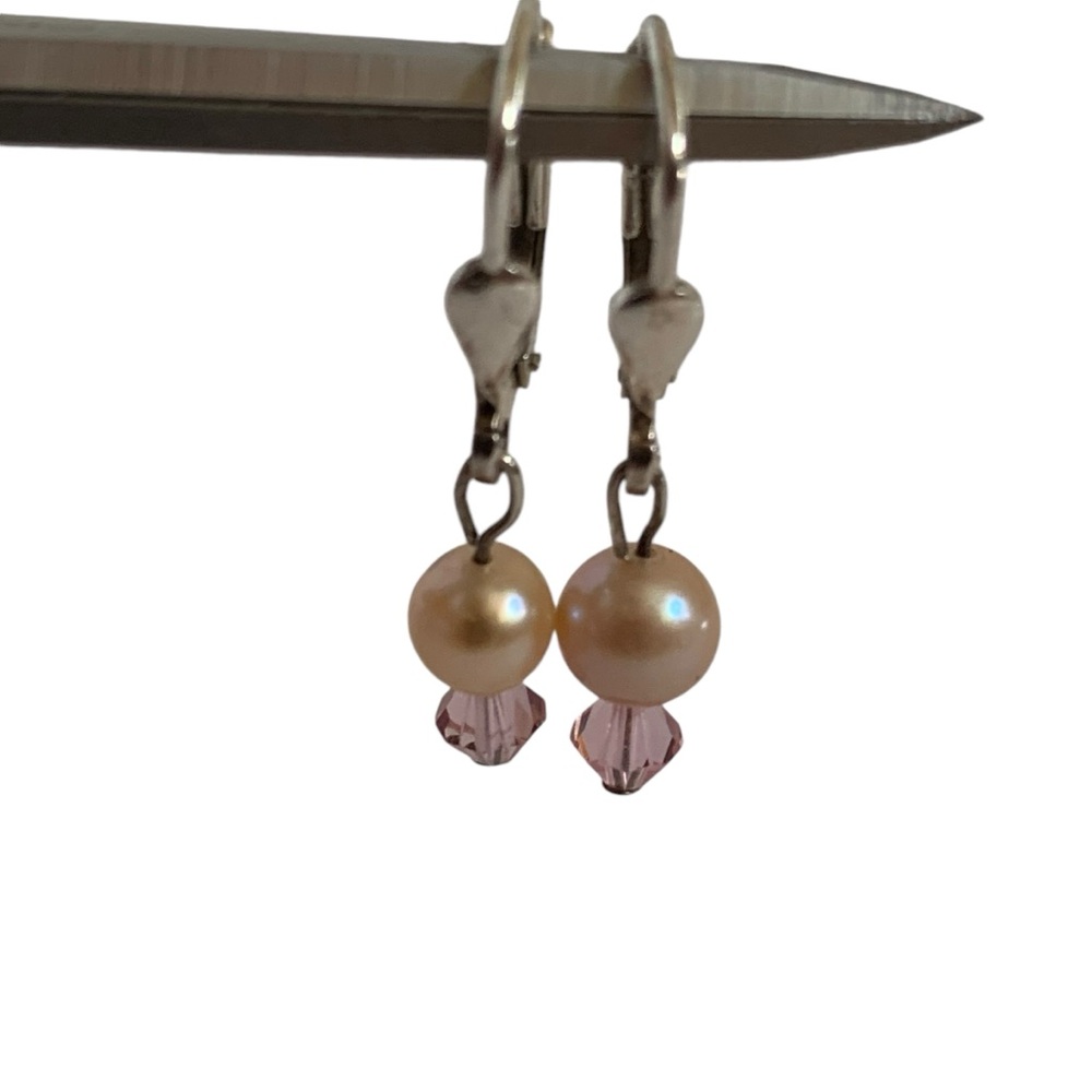 Vintage Pink Pearl Rose Quartz Drop Earrings Sterling Silver Chic New - Picture 10 of 13